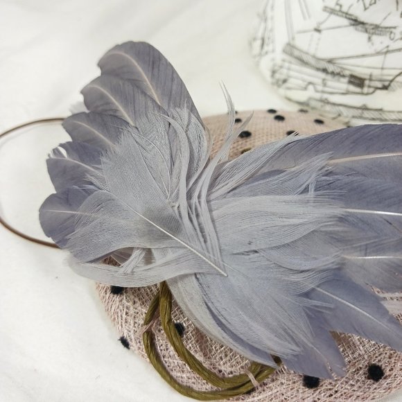 Small Round Fascinator Hat with Polka Dots Gray Feather \